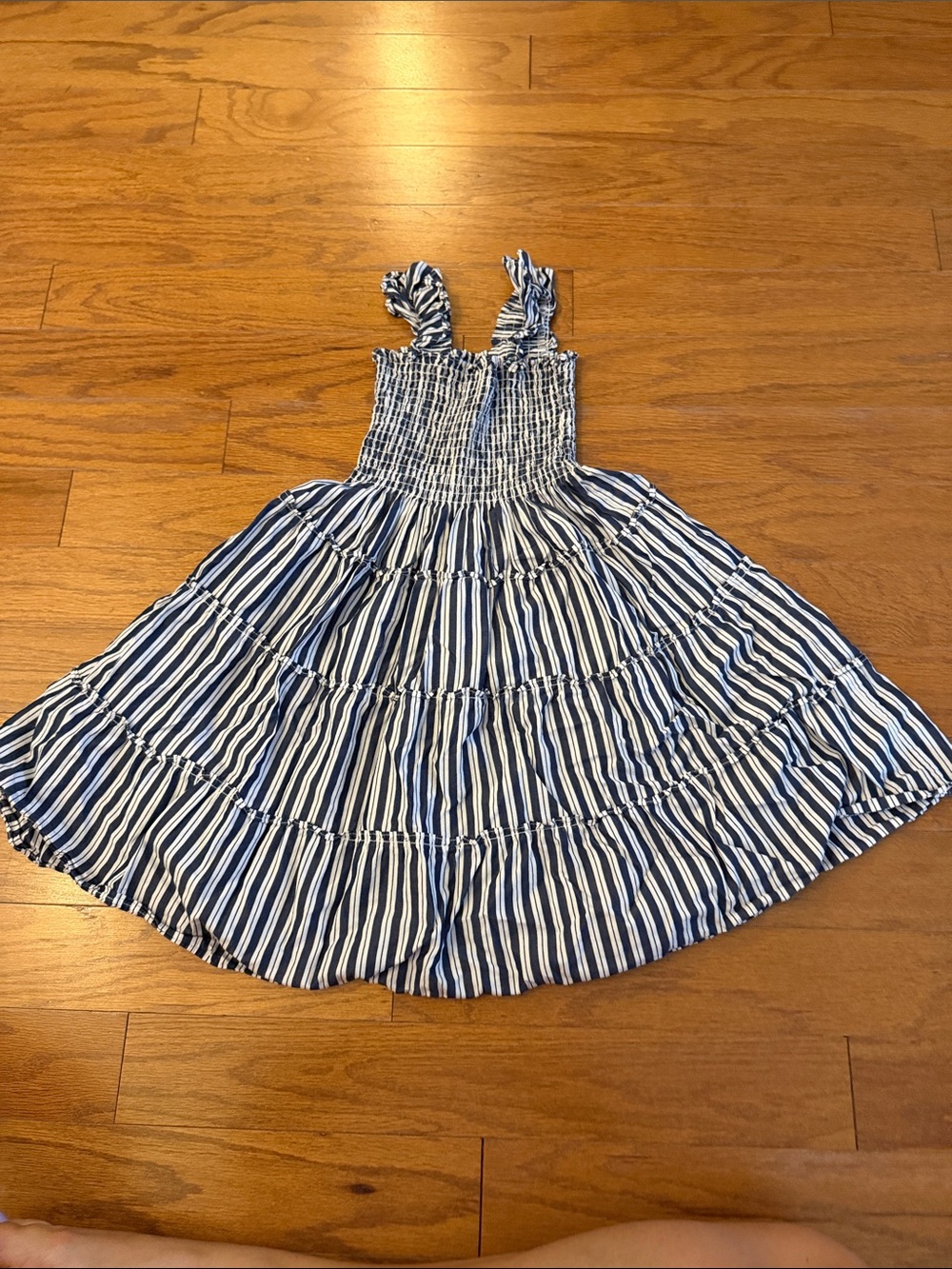 Girls Blue and White Striped Smocked Sundress with Ruffle Straps